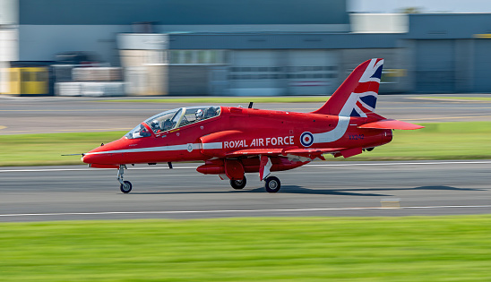 Prestwick airport, Scotland 15th August 2020: An Red Arrow Hawk lands at Prestwick as part of the 75th VJ Day anniversary celebration