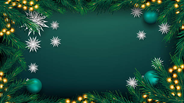 istock Christmas green background for your arts with garland, frame of Christmas tree branches, green balls and paper snowflakes, top view 1267347058