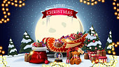 Merry Christmas, horizontal postcard with cartoon winter landscape, big yellow moon, Santa Claus bag, Santa Sleigh with presents, Christmas tree in a pot with gifts, snow globe and presents with Teddy bear