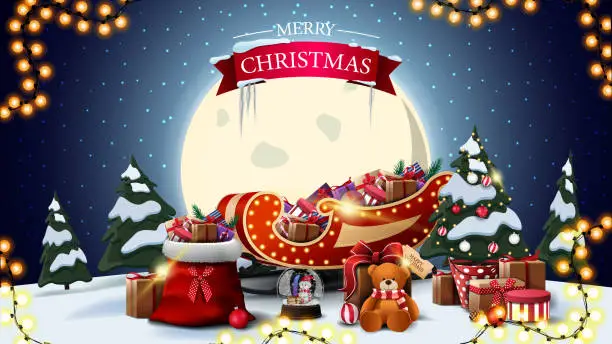 Vector illustration of Merry Christmas, horizontal postcard with cartoon winter landscape, big yellow moon, Santa Claus bag, Santa Sleigh with presents, Christmas tree in a pot with gifts, snow globe and presents with Teddy bear