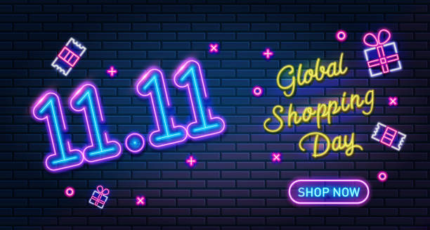 ilustrações, clipart, desenhos animados e ícones de 11.11 online shopping day neon signo, pôster de venda ou design de folheto. banner de venda do dia dos solteiros. dia mundial mundial de compras, ilustração vetorial. - fabolous sign neon light day