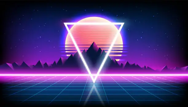 Vector illustration of 80s Retro Sci-Fi Background with Sunrise or Sunset night sky with stars, mountains landscape infinite horizon mesh in neon game style. Futuristic synth retrowave illustration in 1980s posters style.