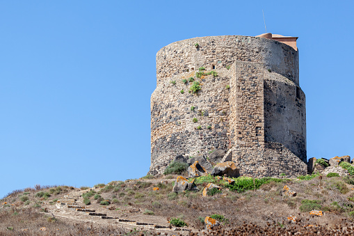 San Giovanni coastal tower at Capo San Marco in Sinis peninsula, Cabras, Sardinia, Italy