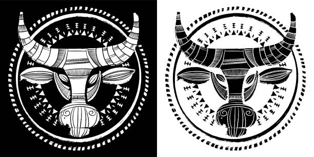 illustrations, cliparts, dessins animés et icônes de taureau ethnique, noir et blanc, illustration vectorielle dessinée à la main. 2021 année de la vache - animal skull cow animal black background