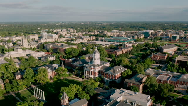 The college campus is featured inside Columbia MO in an aerial view