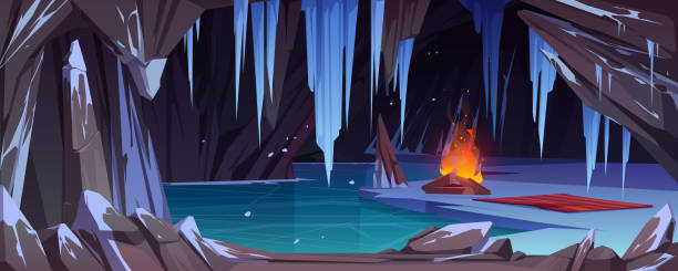 dunkle eishöhle im berg mit lagerfeuer - iceberg ice glacier cartoon stock-grafiken, -clipart, -cartoons und -symbole