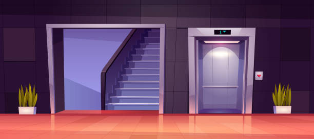 エレベーターと階段が付いている空の廊下の内部 - elevator push button stainless steel floor点のイラスト素材／クリップアート素材／マンガ素材／アイコン素材