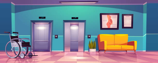 illustrations, cliparts, dessins animés et icônes de couloir d’hôpital avec ascenseur et sofa - domestic room seat entrance hall corridor