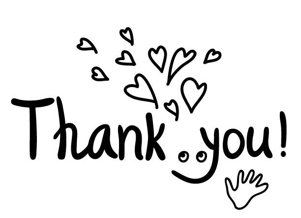 istock Fun Thanks card with text and hearts decoration. Hand draw black graphic background illustration 1267368384