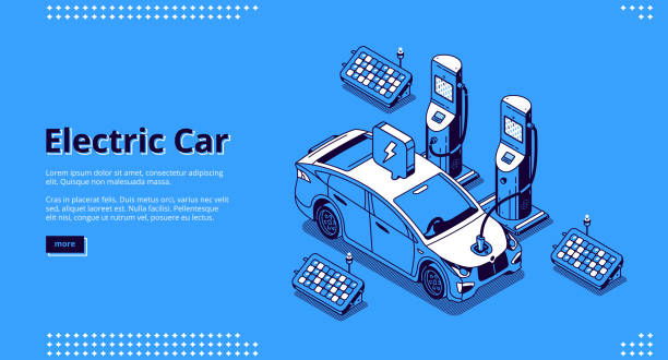 태양전지 패널이 있는 충전기 스테이션의 전기 자동차 - car backgrounds battery service stock illustrations