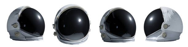 set of astronaut helmets isolated on white background stock photo