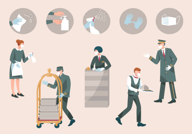 Hotel staff with mask and gloves Hotel staff with mask and gloves-receptionist, valet, waiter, doorman, maid. Prevention measures during coronavirus COVID 19-disinfect, wear mask, use sanitiser, gloves.New Normal.Vector doorman stock illustrations