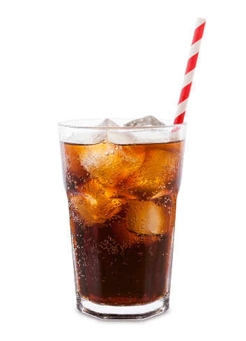 Glass of cola with ice cubes and straw isolated on white background
