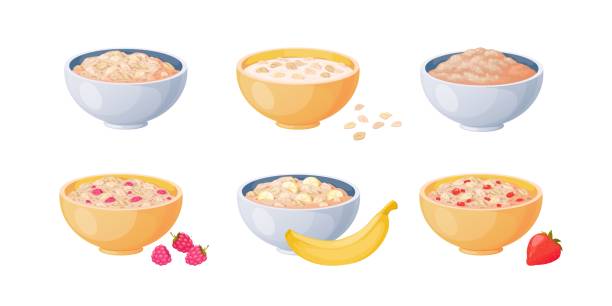 haferschalen. cartoon brei mit erdbeeren und bananen, gekochtem getreide und gesunden lebensmitteln. vektor flache haferflockenschalen - haferbrei stock-grafiken, -clipart, -cartoons und -symbole