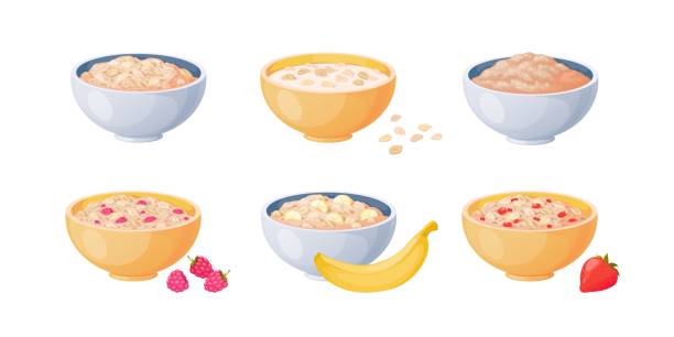 illustrazioni stock, clip art, cartoni animati e icone di tendenza di ciotole d'avena. porridge dei cartoni animati con fragole e banane, cereali bolliti e cibo sano. ciotole di farina d'avena piatta vettoriale - porridge