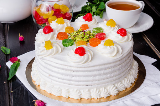 Sicilian cassata cake with candied fruits, pistachios and chocolate. Traditional Italian Easter Cake
