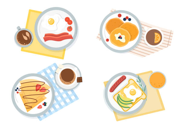 Four assorted servings of breakfast Four assorted servings of breakfast showing eggs and sausage, pancakes, egg on toast and waffles with coffee in a top down view, colored vector illustration breakfast stock illustrations