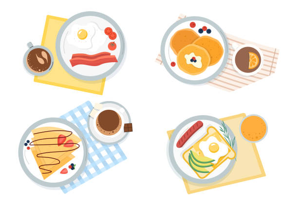 Four assorted servings of breakfast Four assorted servings of breakfast showing eggs and sausage, pancakes, egg on toast and waffles with coffee in a top down view, colored vector illustration omelette on the plate stock illustrations