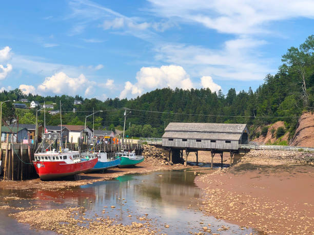 Colorful fishing boats in Atlantic Canada on the Bay of Fundy, St. Martins, New Brunswick during low tide Colorful fishing boats in Atlantic Canada on the Bay of Fundy, St. Martins, New Brunswick during low tide st. martins stock pictures, royalty-free photos & images