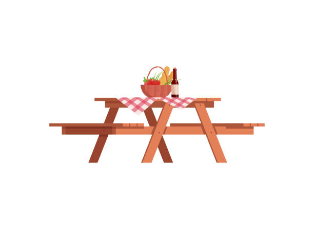 Picnic table semi flat RGB color vector illustration Picnic table semi flat RGB color vector illustration. Checked table cloth. Table with attached benches for outdoor dining. Food and drinks. Isolated cartoon object on white background picnic table stock illustrations