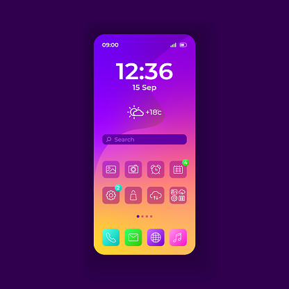 Smartphone interface vector template. Mobile home page with apps purple gradient design layout. Flat night mode UI for application. Camera, alarm, cloud storage buttons. Phone display