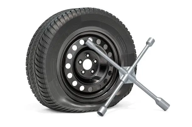 Punctured car wheel with cross wrench. Tire fitting service concept. 3D rendering isolated on white background