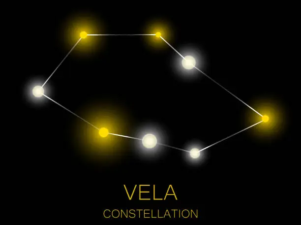 Vector illustration of Vela constellation. Bright yellow stars in the night sky. A cluster of stars in deep space, the universe. Vector illustration