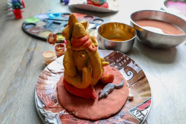 Close up of Home made lord ganesha statue.