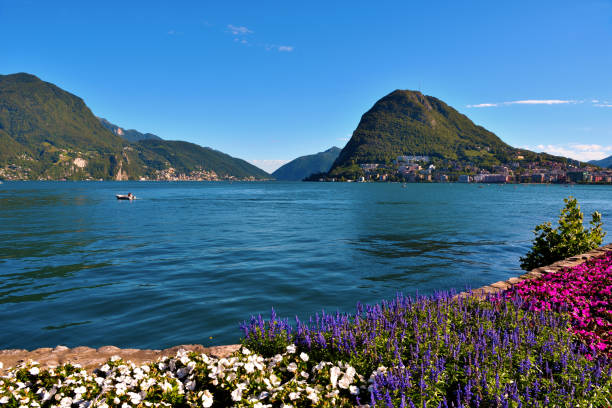 Ciani park Lugano Ciani park and panorama of Lake Lugano Switzerland lugano stock pictures, royalty-free photos & images