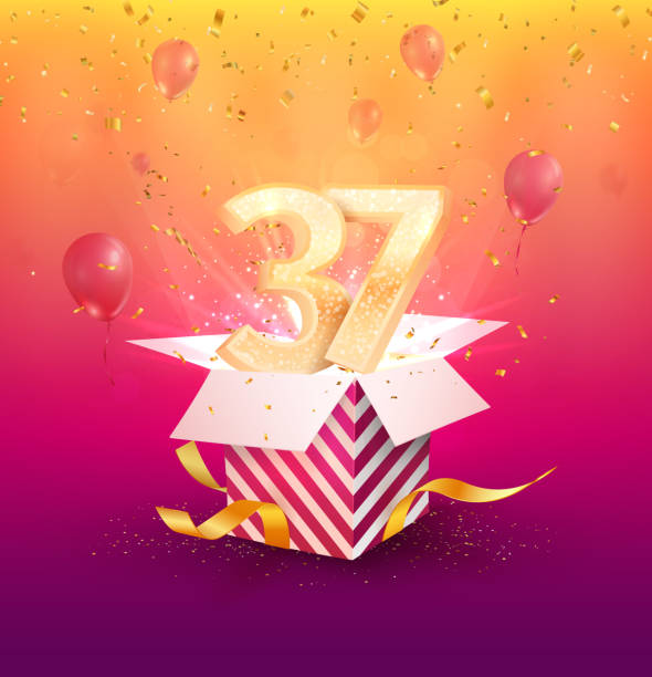 37 th years anniversary vector design element. Isolated Thirty seven years jubilee with gift box, balloons and confetti on a bright background. 37 th years anniversary vector design element. Isolated Thirty seven years jubilee with gift box, balloons and confetti on a bright background number 37 illustrations stock illustrations