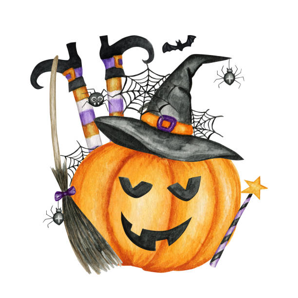 ilustrações de stock, clip art, desenhos animados e ícones de happy halloween holiday party composition with jack o' lantern pumpkins, witch hat, broom, bat, spider. watercolor cartoon illustration isolated on white background. halloween spooky design. - bat halloween spider web spooky