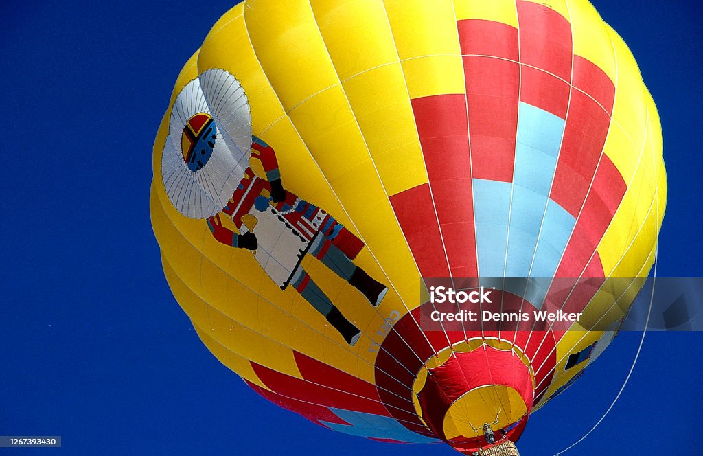 Close up of Kachina Hot Air Balloon Hot Air Balloon with the Pueblo Kachina image as it rises off the ground Hot Air Balloon Stock Photo