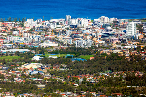 High angle view of costal town of Wollongong, background with copy space, full frame horizontal composition