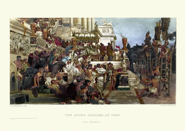 Ancient Rome, Nero's Torches, Christian martyrs burned alive Vintage illustration after Henryk Siemiradzki, Ancient Rome, Nero's Torches.  It depicts a group of early Christian martyrs who are about to be burned alive as the alleged perpetrators of the Great Fire of Rome, during the reign of emperor Nero in 64 AD. roman empire stock illustrations