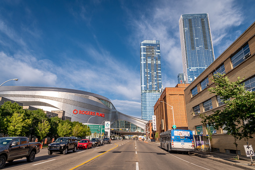 Edmonton, Alberta - August 7, 2020: the Ice District in Edmonton Alberta, including Rogers Place arena. Its home of the Edmonton Oilers.