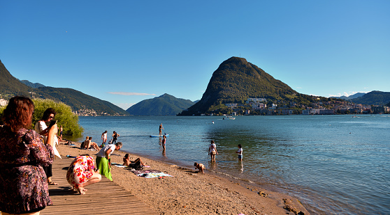 bathing in the Parco Ciani. Beach on Lake Lugano July 11, 2020 Lugano Switzerland