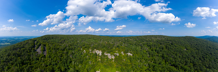 An aerial panorama of Annapolis Rock and South Mountain, located in Washington County, Maryland. Summer season.