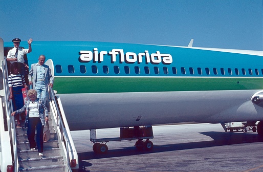 Miami, Florida, USA, 1978. Arrival on an Air Florida passenger plane at Miami International Airport. Also: passenger and pilot.