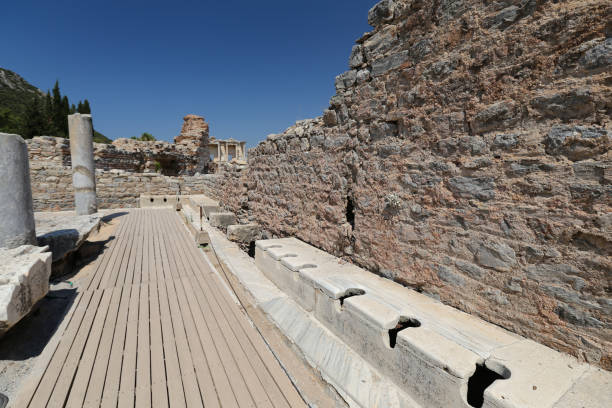 public toilets of ephesus ancient city, izmir city, turkey - toilet public restroom ephesus history imagens e fotografias de stock