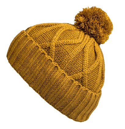 knitted yellow  hat isolated on white background.hat with pompon .