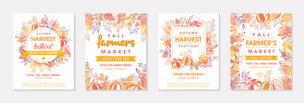 나뭇잎과 꽃 요소가 있는 가을 농산물 시장 배너 세트 - farm pumpkin autumn farmer stock illustrations