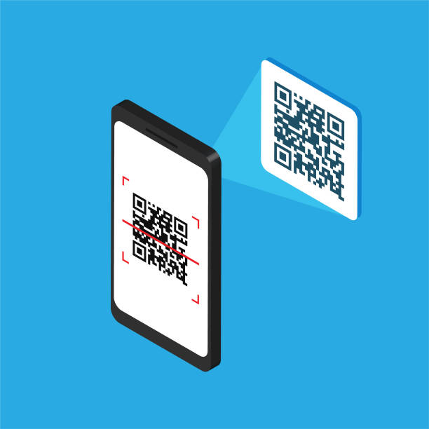 illustrations, cliparts, dessins animés et icônes de smartphone isométrique avec code qr à l’écran - qr code marketing mobile phone coding