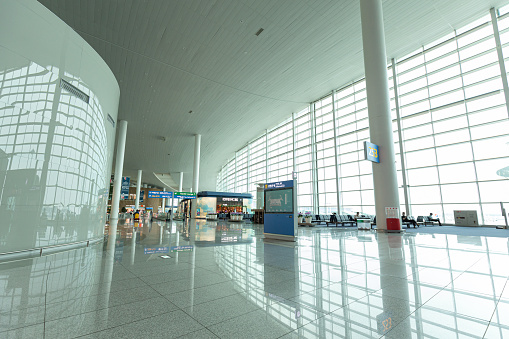 Incheon, South Korea-August 7,2020- Terminal 2 at Incheon international airport has no people effect from COVID-19 outbreak and lockdown policy.Terminal 2 at Incheon International Airport is named World