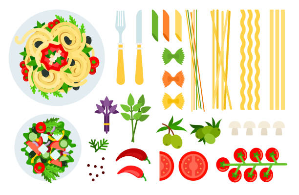 итальянские спагетти, салаты и ингредиенты вектор иллюстрации в плоском дизайне. - food italian culture salad spaghetti stock illustrations