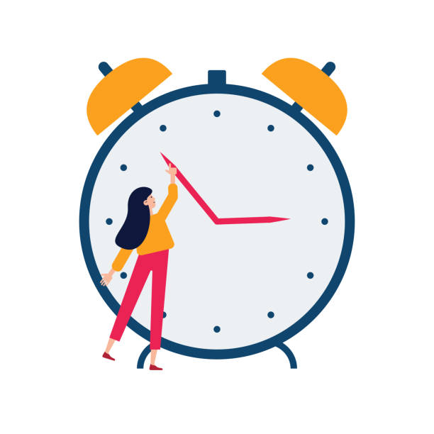 Daylight saving time concept. Young woman turn the hand of the clock. Turning to winter or summer time, alarm clock vector illustration. Character in modern flat art style for your design Daylight saving time concept. Young woman turn the hand of the clock. Turning to winter or summer time, alarm clock vector illustration. Character in modern flat art style for your small people design daylight saving time stock illustrations