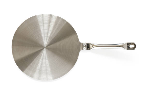 istock Stainless steel heat diffuser plate isolated on white background. Kitchen appliance for induction stove allows to use small diameter or non-ferromagnetic cookware. 1267417481