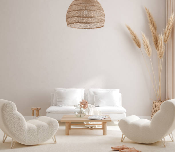 istock Scandi-Boho style living room interior, wall mockup 1267420882