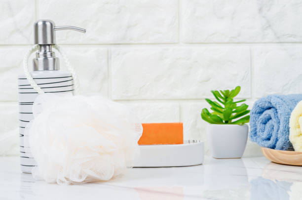 istock Shower sponge and shampoo pump bottle with herbal soap 1267423384