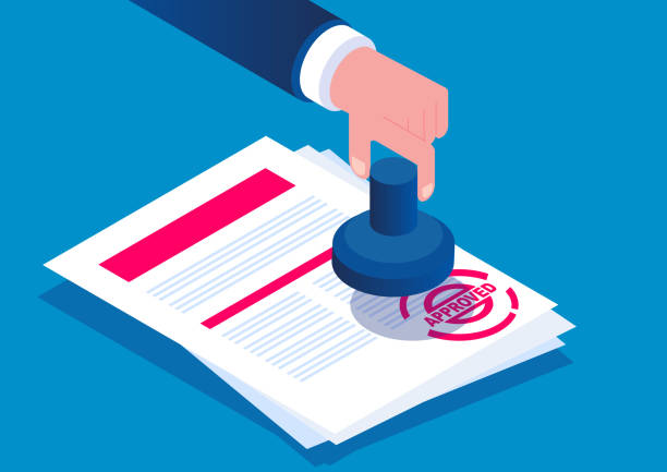 Isometric stamped approval documents, document approval Isometric stamped approval documents, document approval government funding stock illustrations