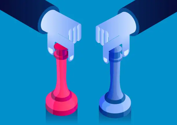 Vector illustration of Isometric two hands holding chess separately, concept illustration of business strategy